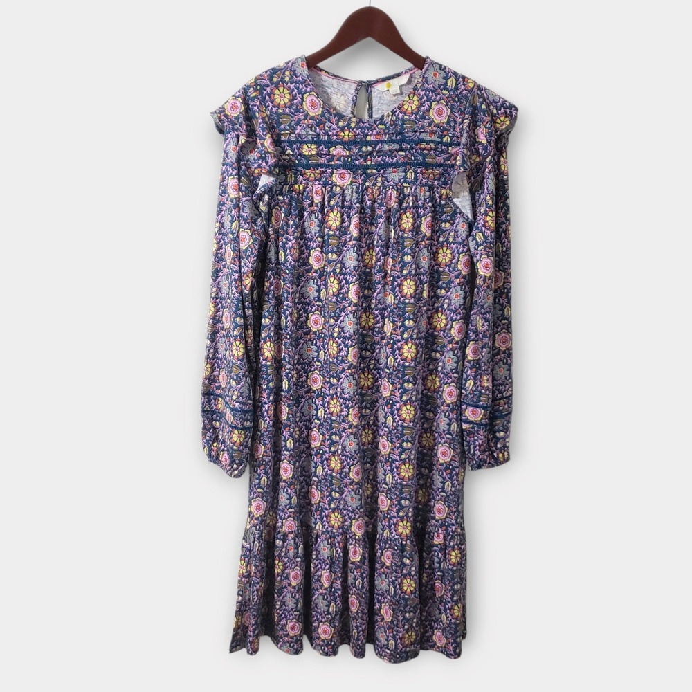 Boden Granny Floral Tiered Ruffle Midi Dress Cottage Boho Pockets Blue Size 10